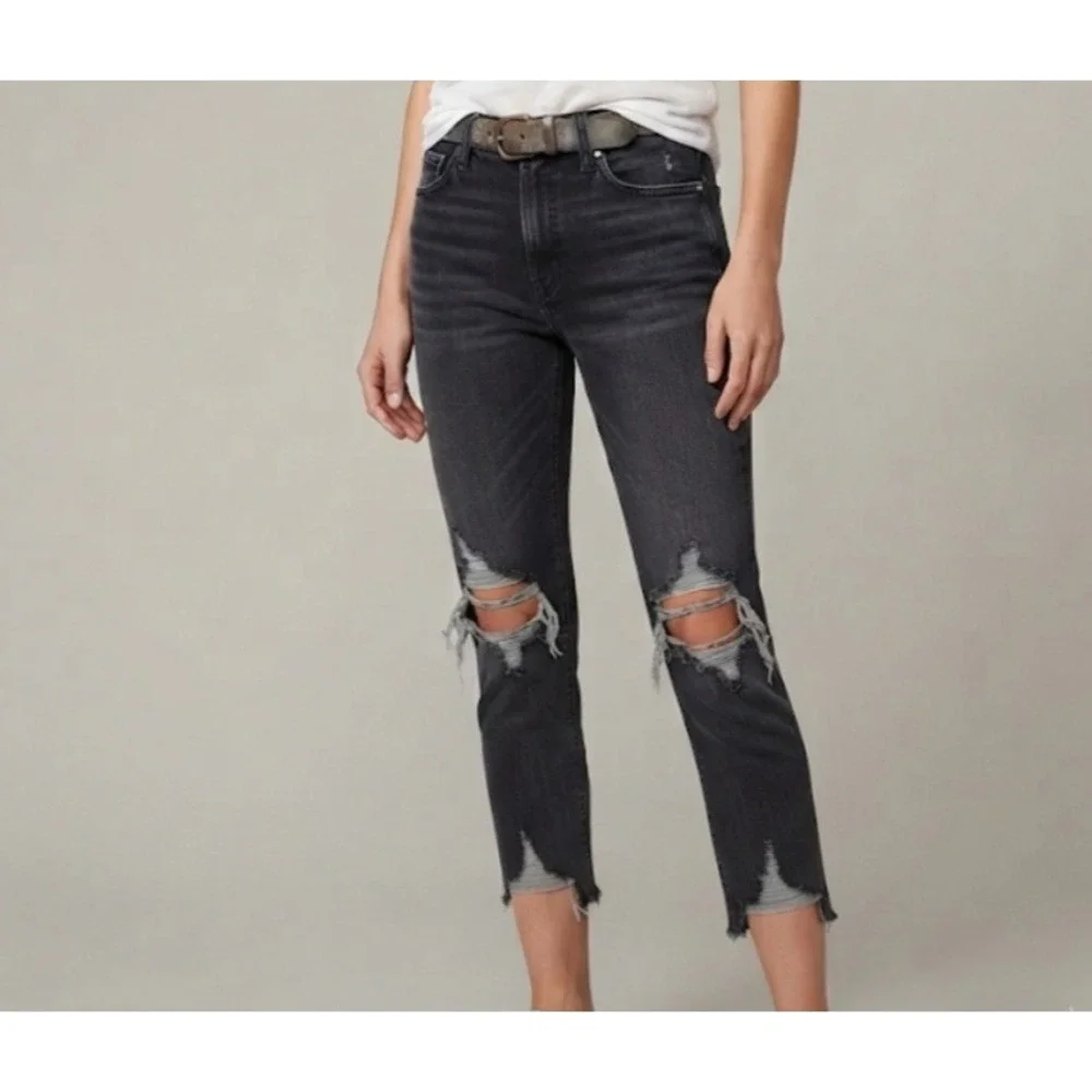 We The Free Free People Distressed Straight Leg Jeans Faded Black Raw Hem SZ 26
